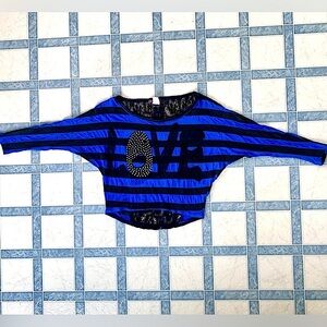 Joyce Leslie black & blue striped love rhinestone top